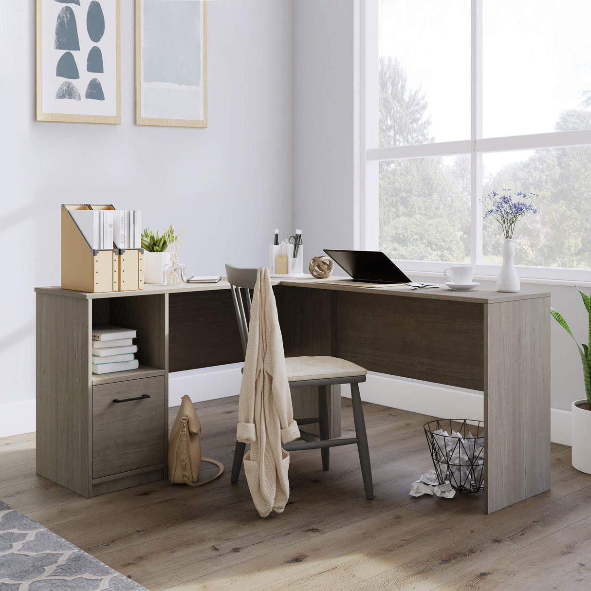 Beginnings L-Desk, L: 51.02" x W: 59.06" x H: 28.50", Silver Sycamore Finish