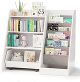 Bookshelf for Kids Rooms, 4 Tier Kids Bookshelf with Movable Drawer 5 Sling Pockets,