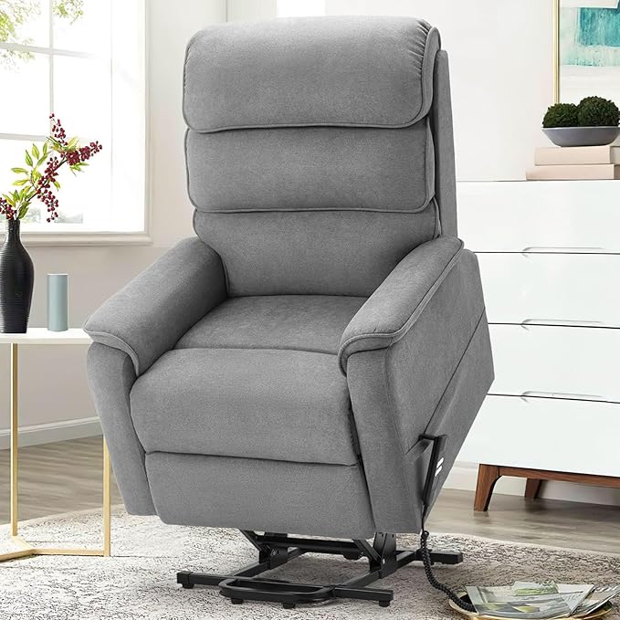 Motor Electric Power Recliner Lift Chair Linen Fabric Electric Recliner for Elderly, Heated Vibration Massage Sofa with Side Pockets & Remote Control, Gray-Blue