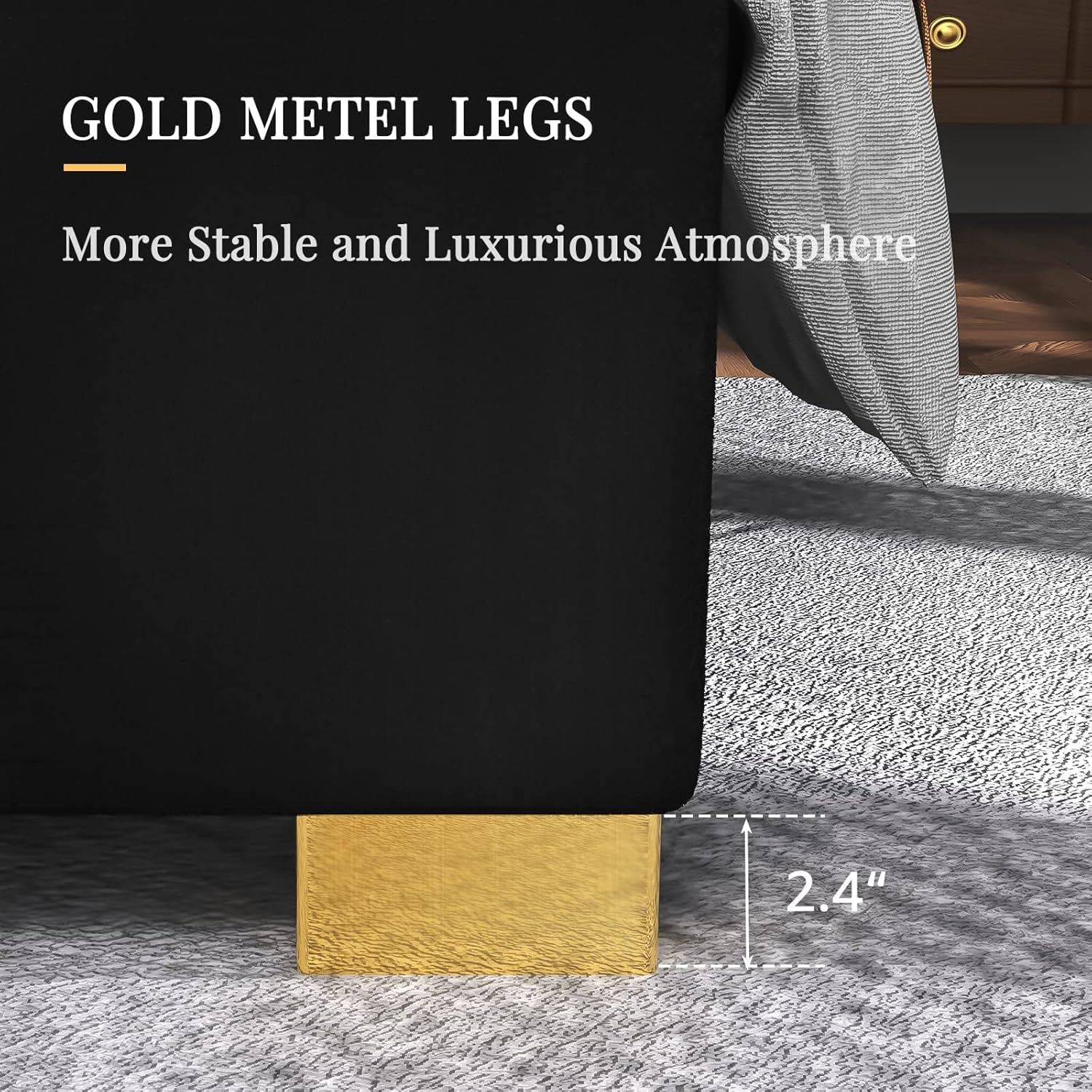 California King Platform Bed Frame - 65" Velvet Upholstered with Gold Trim