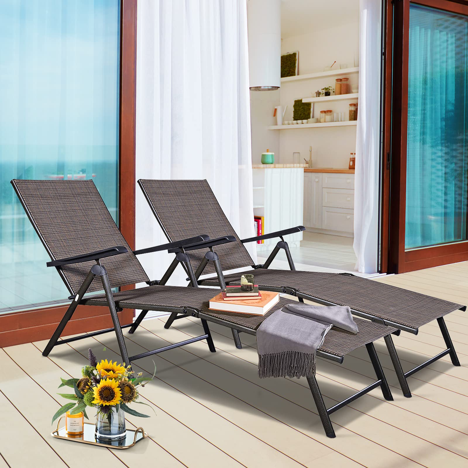 Set of 2 Patio Adjustable Chaise, 5 Back & 2 Leg Positions Outdoor Reclining Lounger Chairs