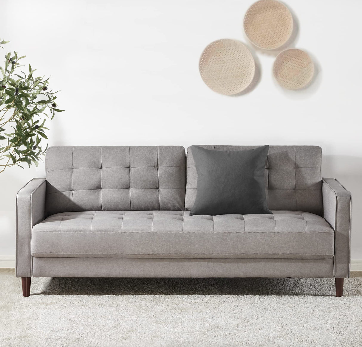 Benton Sofa Couch, Grid Tufted Cushions, Easy, Tool-Free Assembly, Stone Grey