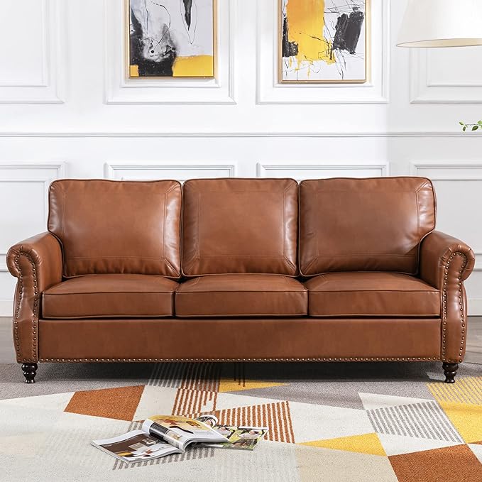 79'' Traditional Faux Leather Sofa Couch with Nailhead Trim, Classic 3-Seater Couch