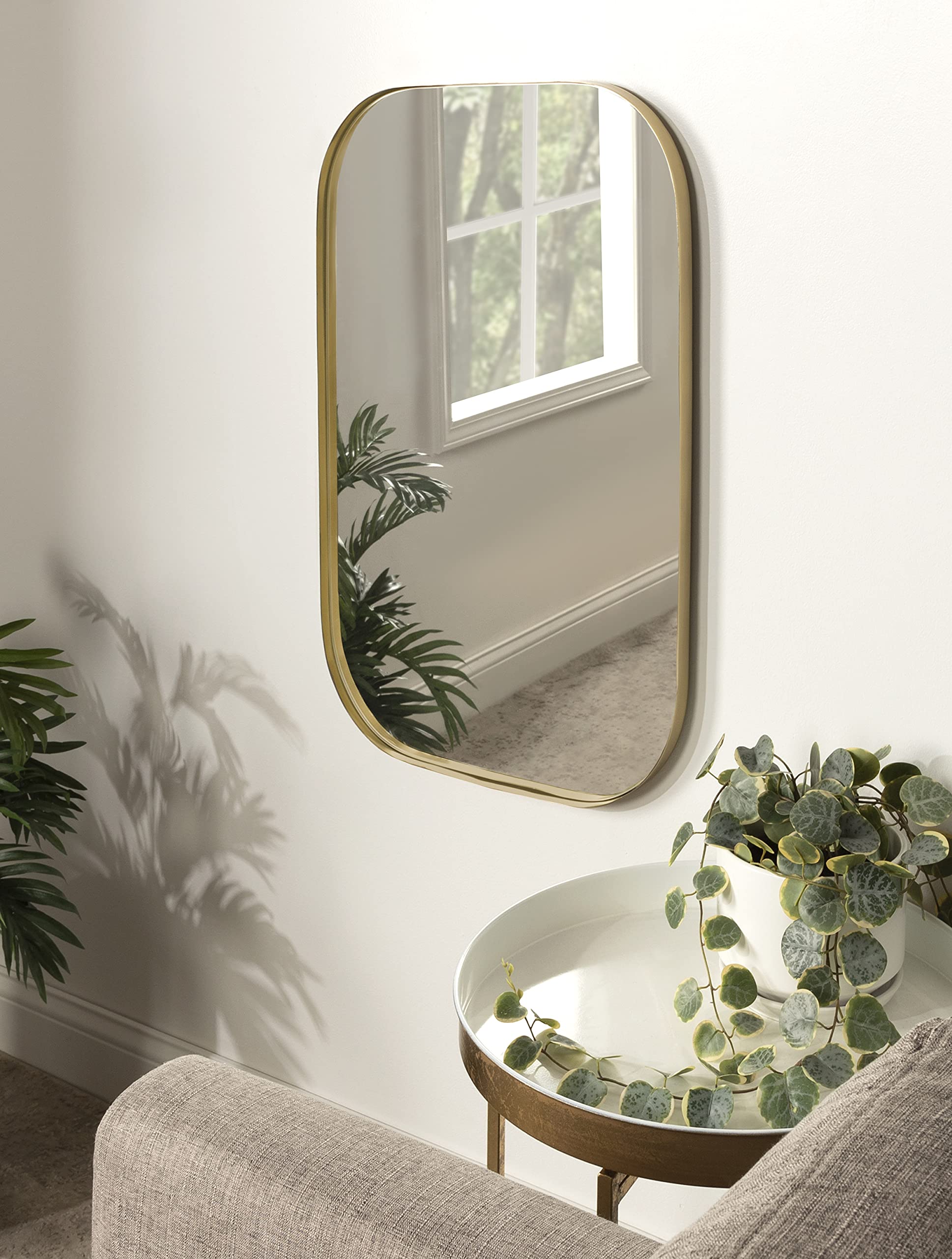 Rollo Midcentury Rounded Rectangle Mirror, Gold, Modern Metal Framed Mirror