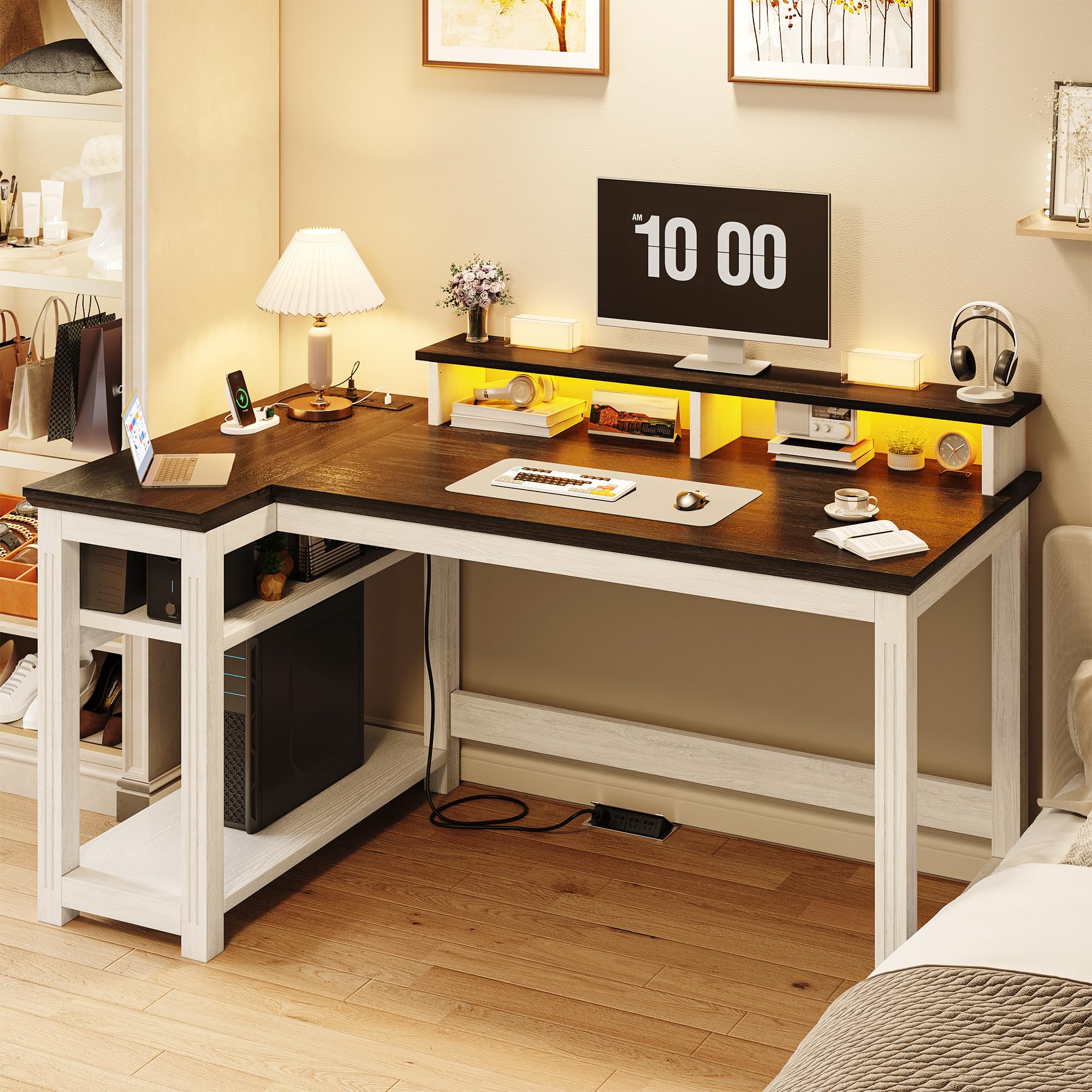 EnHomee 47.3" Computer Desk with Monitor Stand, Gaming Desk with Power Outlet, L