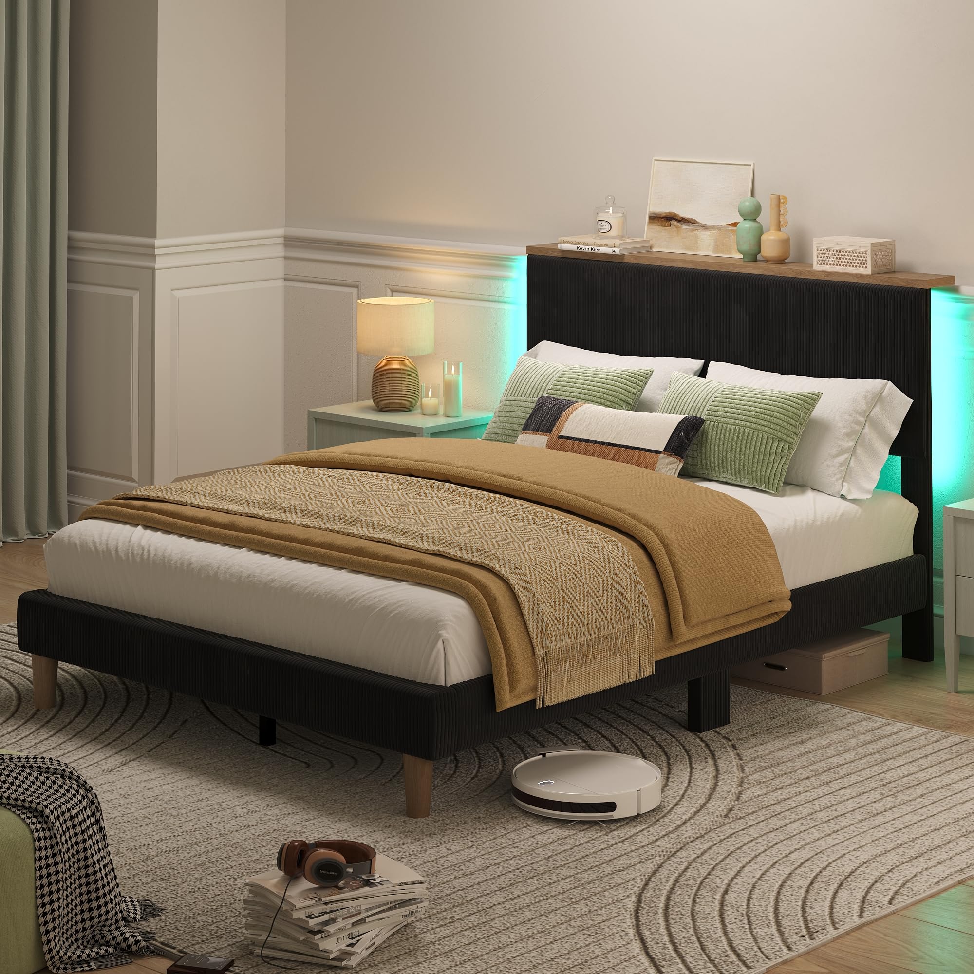 Bestier Queen Size Bed Frame with Headboard, Corduroy Upholstered Adjustable Platform Bed with Storage Shelf, Bedside LED Bed Frame, Solid Wood Slats Support, No Box Spring, No Squeaks(Black)