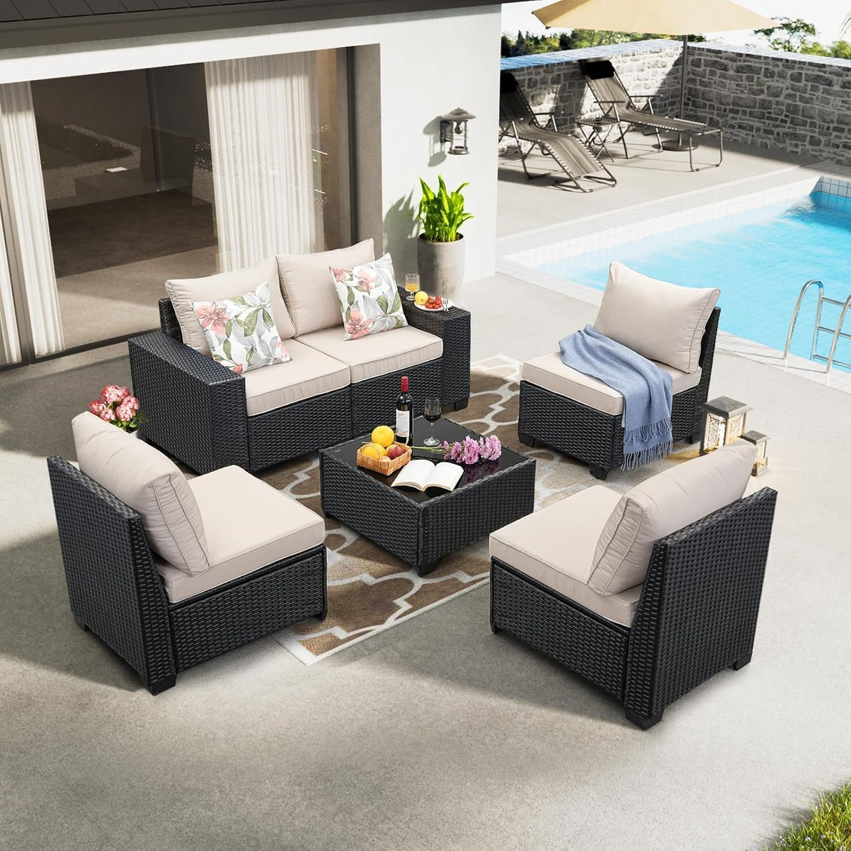 6 Pieces Outdoor Patio Furniture Set, Wicker Conversation Sets with Tea Table