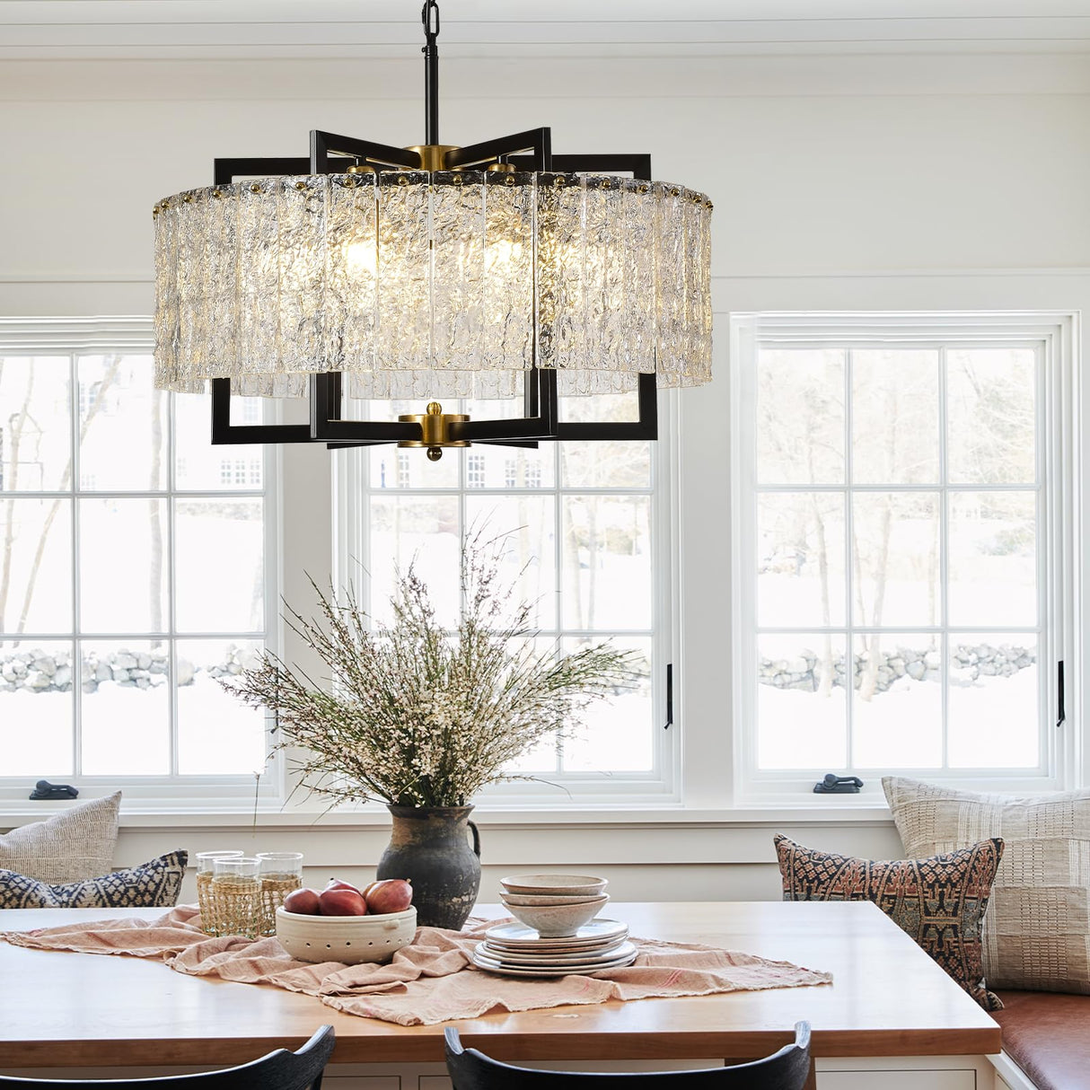 Crystal Drum Chandelier 6 Lights 23.6 inch, Modern Farmhouse Black Lighting Fixture