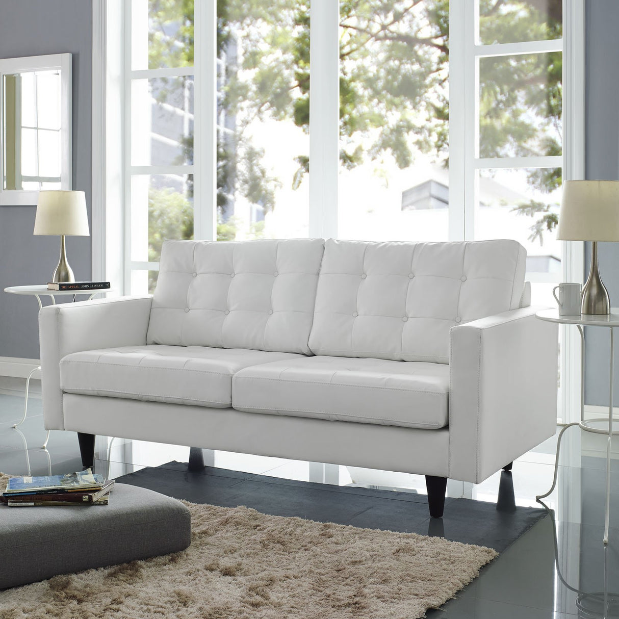 Empress Mid-Century Modern Upholstered Leather Loveseat In White