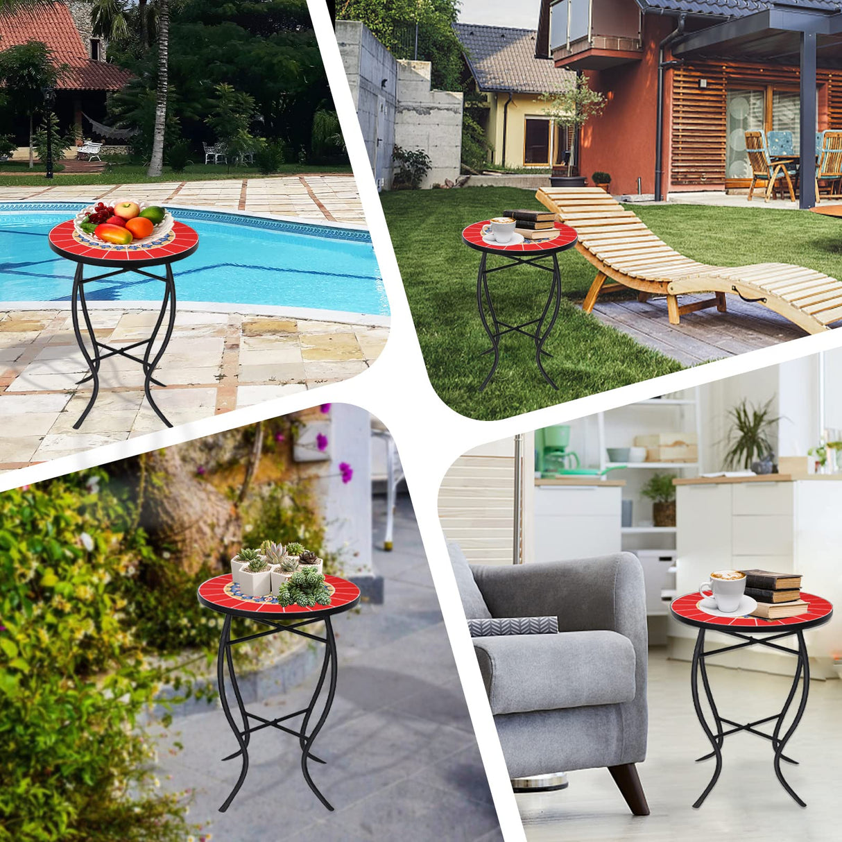 VCUTEKA Mosaic Outdoor Side Table, 14" Round Small Patio Accent Table Indoor End Table for Yard, Garden, Living Room, Bistro Balcony or Lawn Red - Bircata