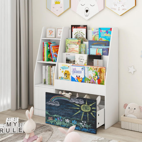 Bookshelf and Toy Storage Organizer with Pull-Out Drawers, White Children Small Book