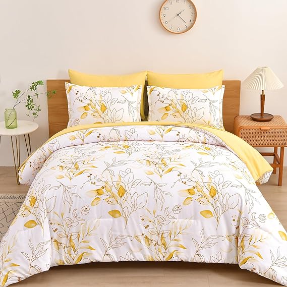 7 Pieces Floral Reversible Bed in a Bag Gold and Blue Leaves Bedding Set