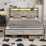 LED Full Size Bed Frame with Charging Station, Platform Metal Headboard Storage