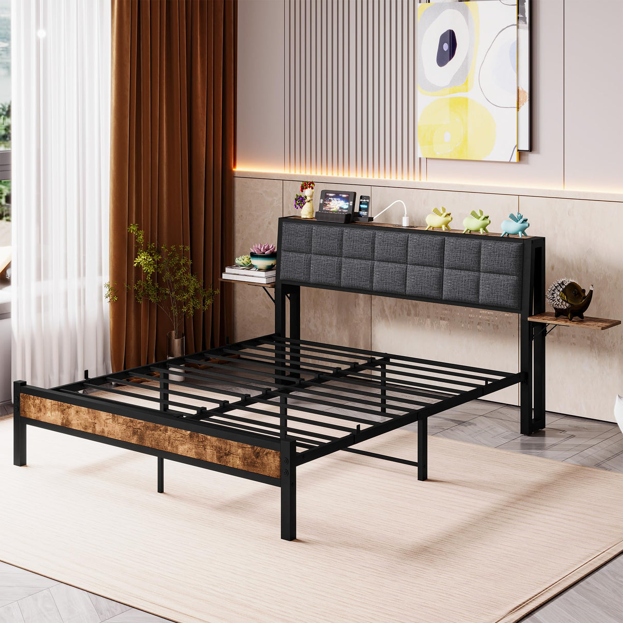 Ergonomic Upholstered Headboard and Charging Station, Platform Bed Frame with Storage