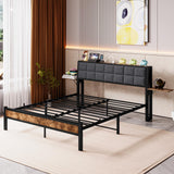 with Ergonomic Upholstered Headboard and Charging Station, Platform Bed Frame