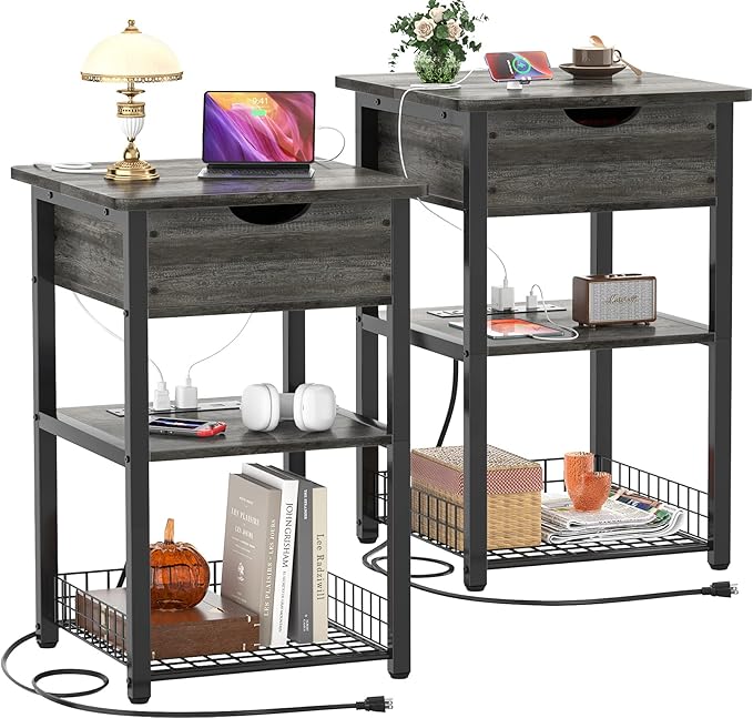 Nightstand Set of 2 with Charging Station, 25.2" Tall Bed Side Table with Wood Drawer,