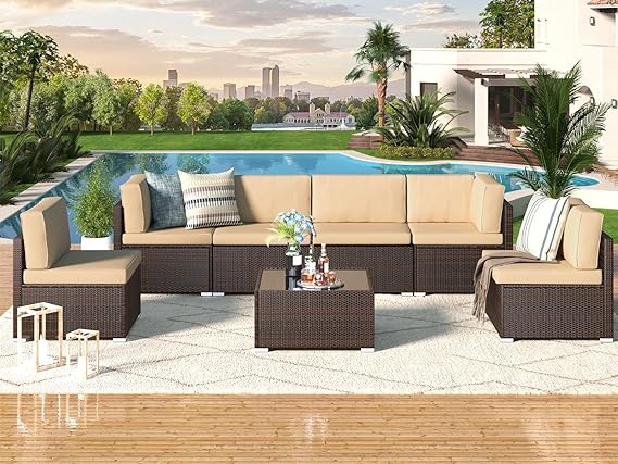 7 Piece Outdoor Patio Furniture Set, Outdoor Sectional Conversation Furniture Chair