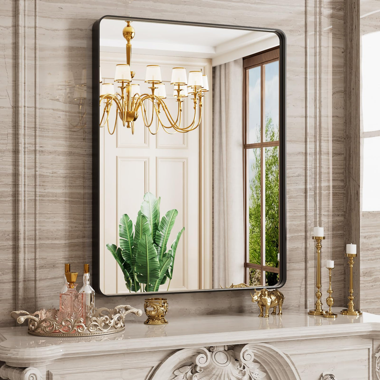 Black Bathroom Mirror, 24x36 Inch Rounded Rectangle Matte Framed Wall Mounted Mirror