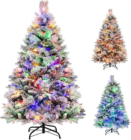 4.5ft Pre-Lit Snow Flocked Christmas Tree, Artificial Hinged Xmas Tree