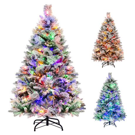 4.5ft Pre-Lit Snow Flocked Christmas Tree, Artificial Hinged Xmas Tree