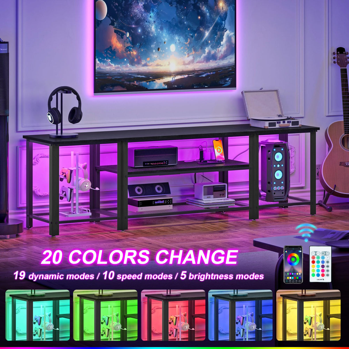 Industrial Metal TV Stand with RGB LED Lights & Power Outlets