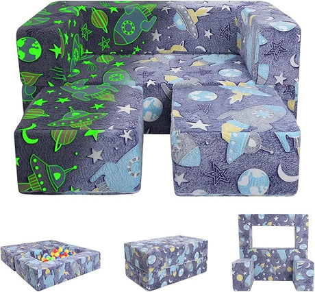 Kids Couch Modular Kids Play Couch, Glow in The Dark 3-in-1 Kids Sofa with Pockets for Girls Boys