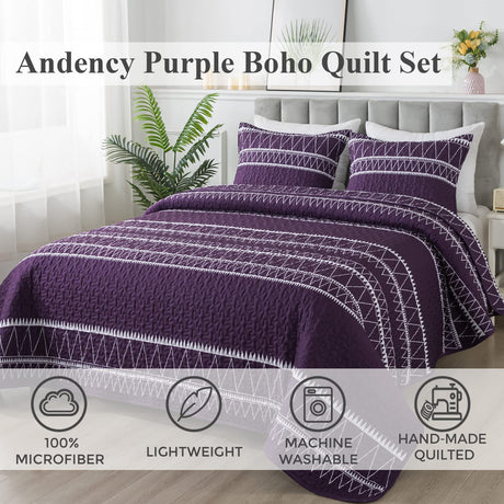 Purple Quilt Set King (106x96 Inch), 3 Pieces(1 Striped Triangle Printed Quilt