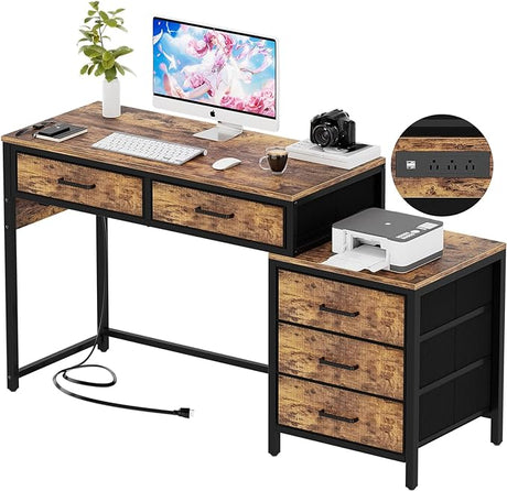 Unikito Reversible Computer Desk with 5 Drawers, Sturdy Office Desk with Power Outlets and USB Ports, Corner Writing Table with File Cabinet & Printer Stand, Vanity Desk with Storage, Black