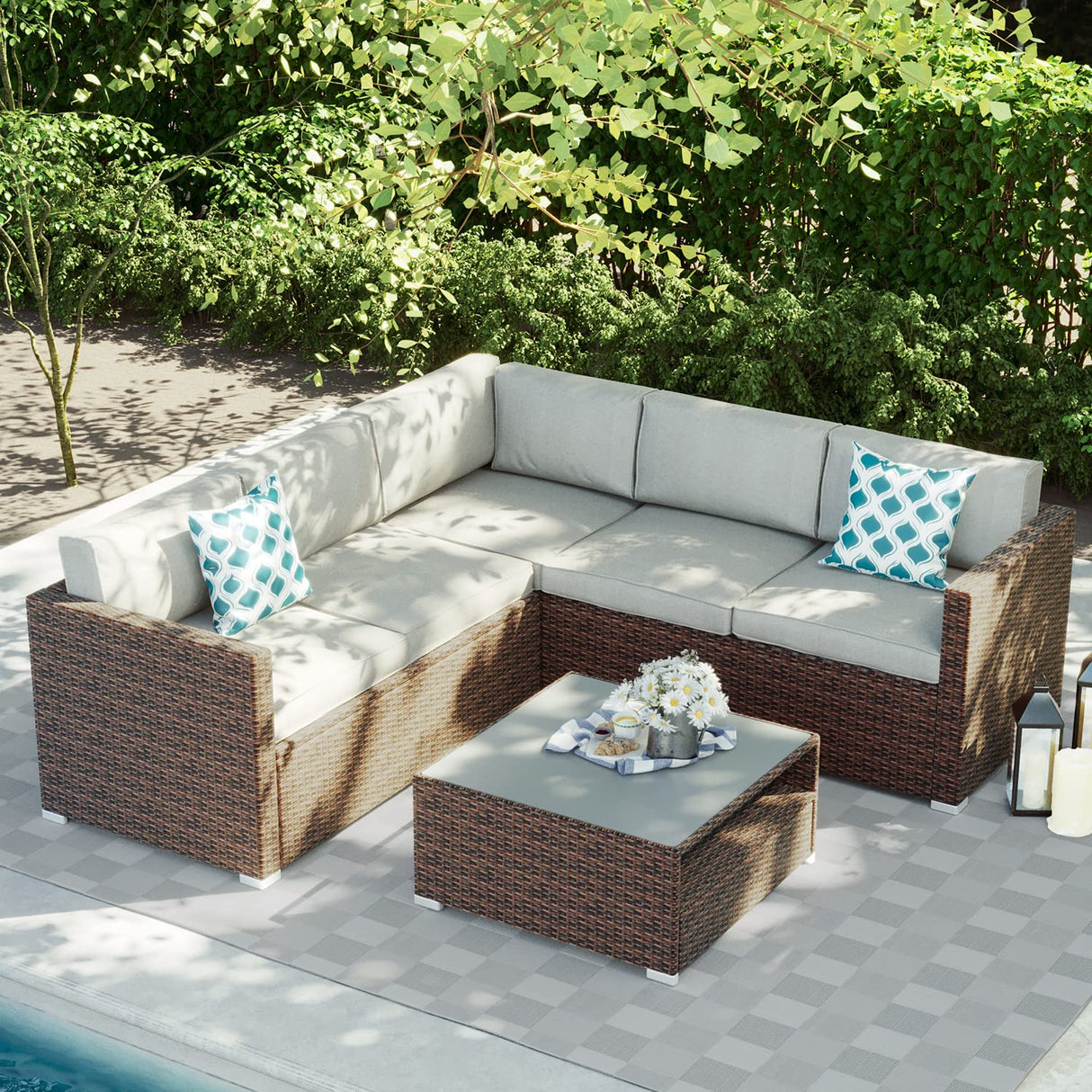 4-Piece Outdoor Sectional Sofa Patio Furniture Set w Grey Thick Cushions,Sofas