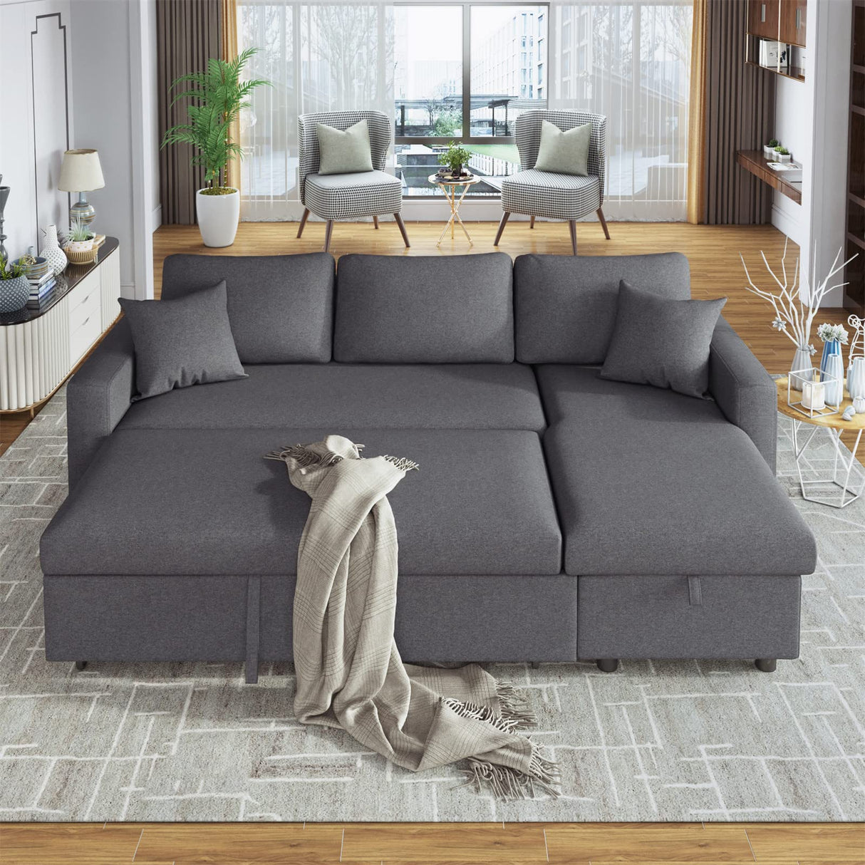 87.4'' Reversible Sleeper Sectional Sofa Couch with Pull-Out Sleeper Bed, L-Shape 3-Seater Convertible Corner