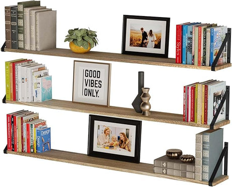 Bora Long Floating Shelves, Wall Bookshelf Living Room Decor Book Shelves for Office, Kitchen Organization Bedroom Decor Burnt, 48"x6" Set of 3