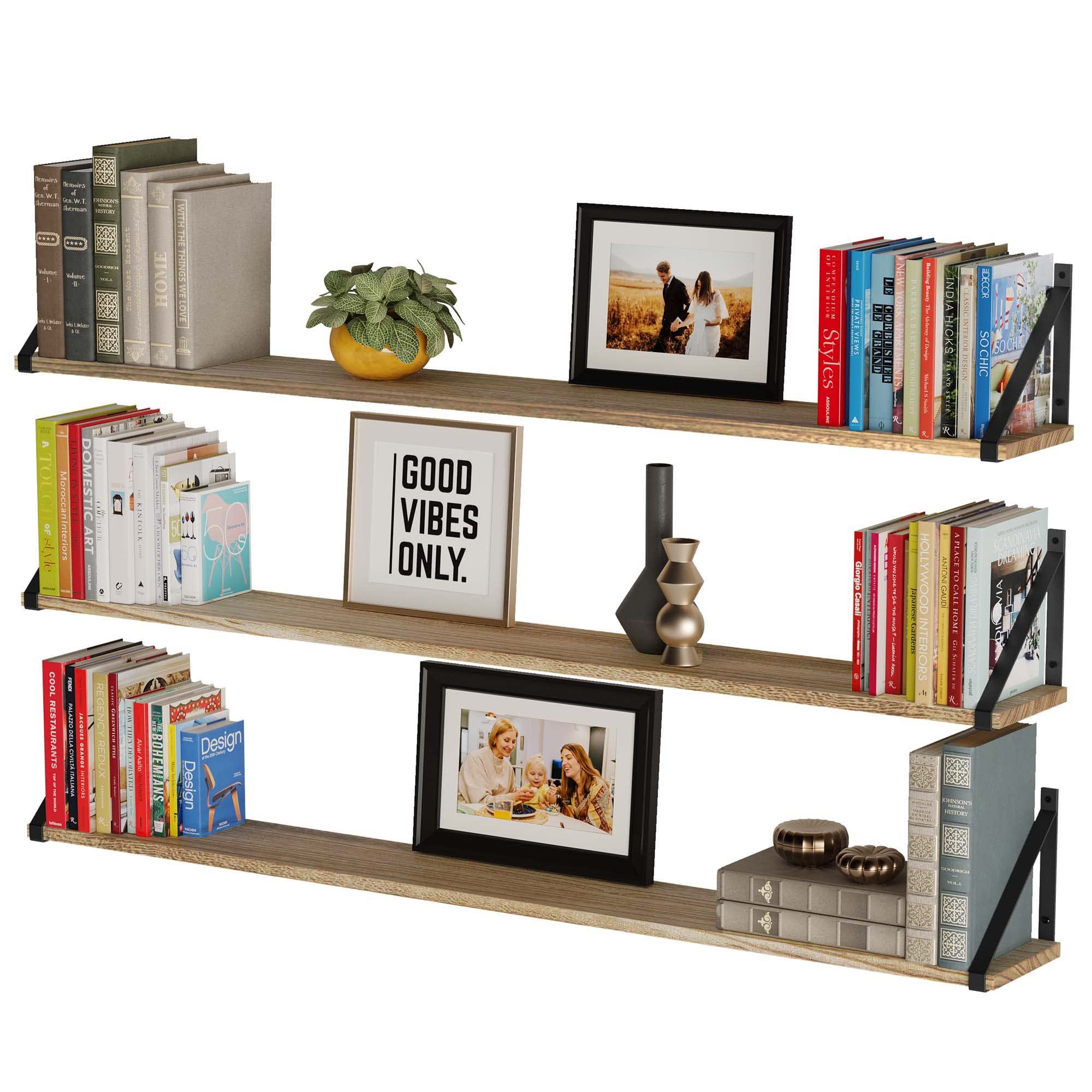 Bora Long Floating Shelves, Wall Bookshelf Living Room Decor Book Shelves for Office, Kitchen Organization Bedroom Decor Burnt, 48"x6" Set of 3