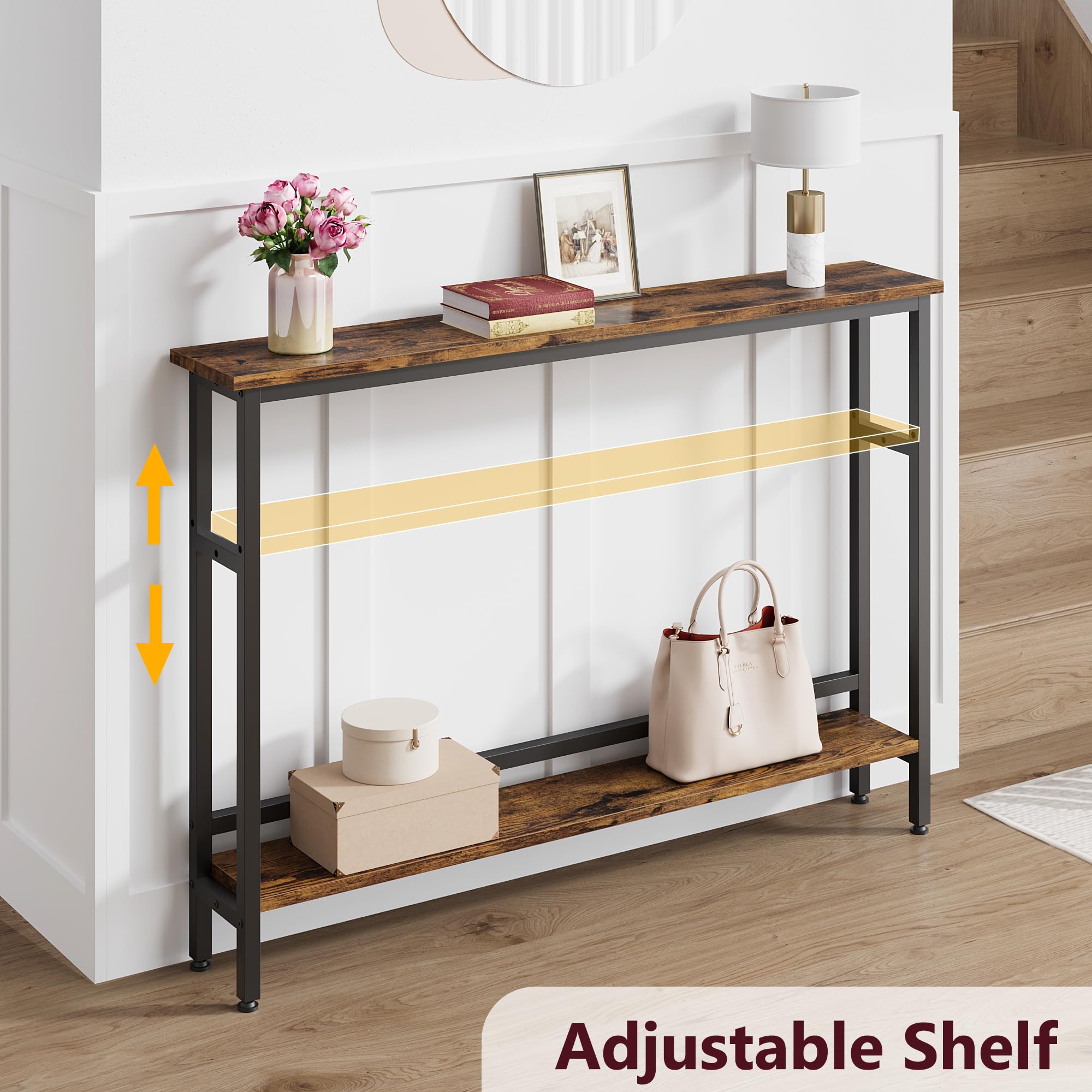5.9" Narrow Sofa Table, 2 Tier Skinny Console Table with Adjustable Shelf,