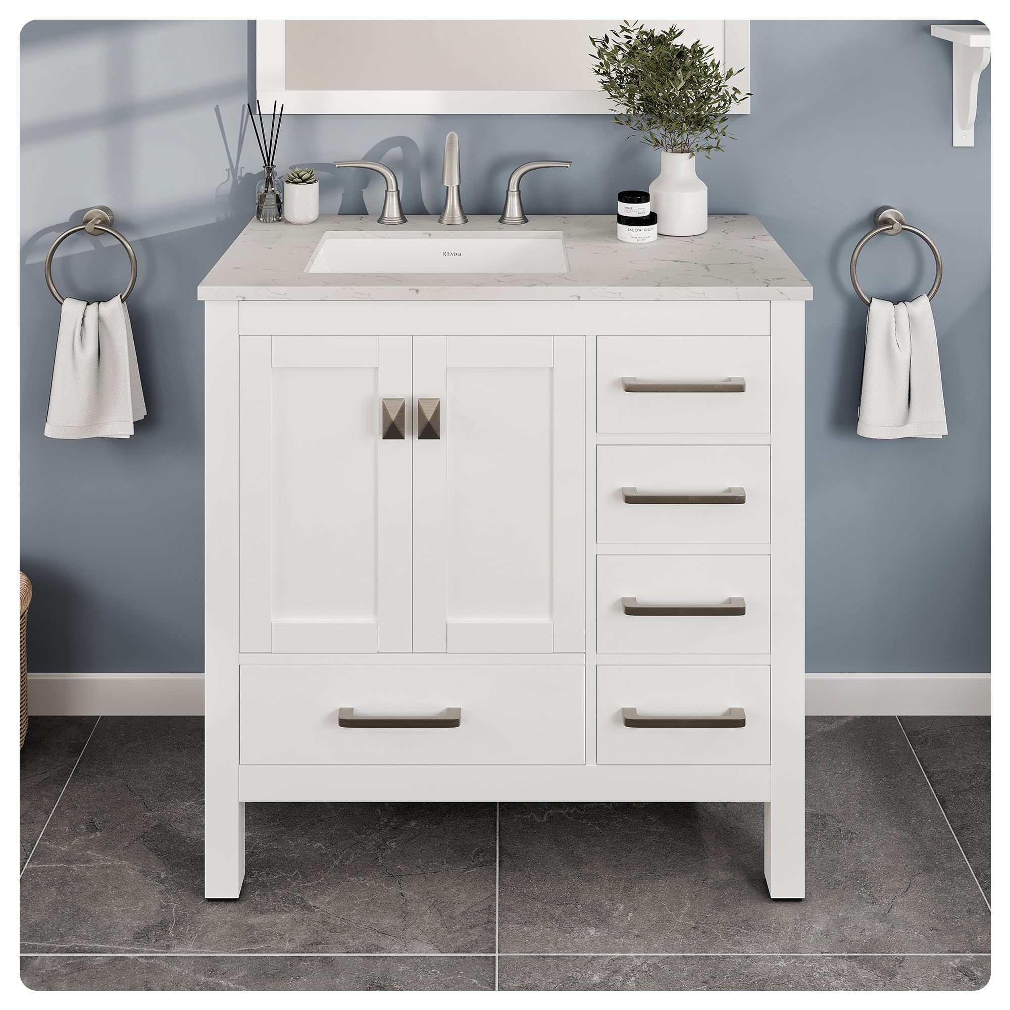 Aberdeen 36 Inch Bathroom Vanity with White Carrara Quartz Countertop - Porcelain Sink
