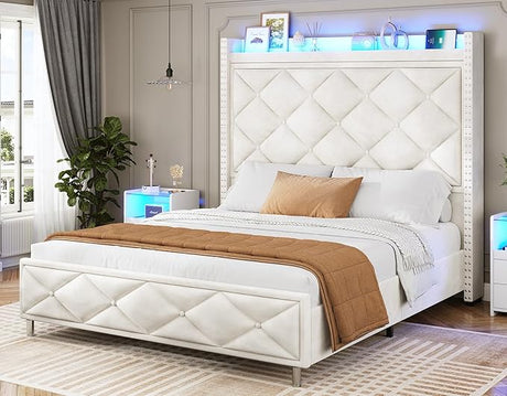 Queen Bed Frame with Tall Storage Headboard, Bed Frame Queen Size with Charging