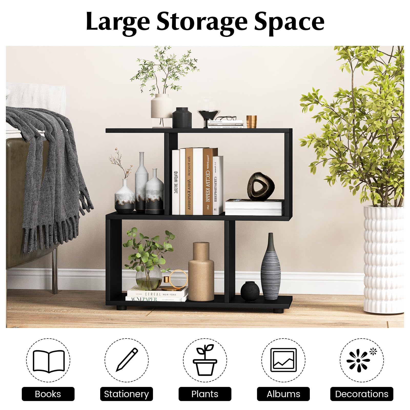 3-Tier Geometric Bookshelf, 24" Tall Wood S-Shaped Display Shelves with Thick Foot Pads, Freestanding Open Shelves Nightstand, Floor Standing Display Shelf Bookcase, Black