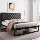 Queen Size Metal Bed Frame with Linen Upholstered Headboard, Curved Platform