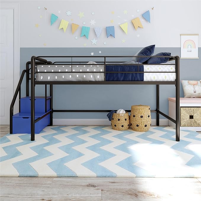 Junior Twin Metal Loft Bed with Storage Steps