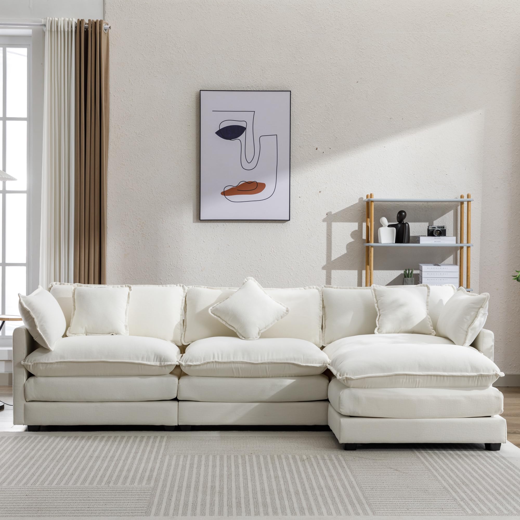 L-Shape Chenille Upholstered Sofa with 5 Pillows, Modern Luxury Sofa