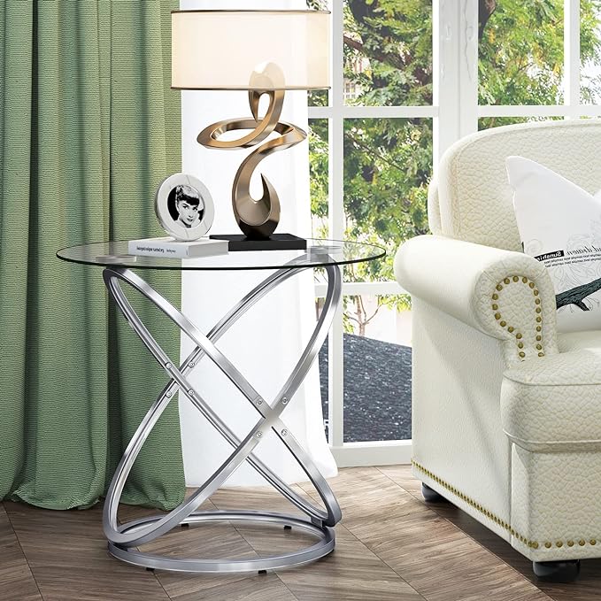 Gold End Table, Glass End Table for Living Room, Round Side Table