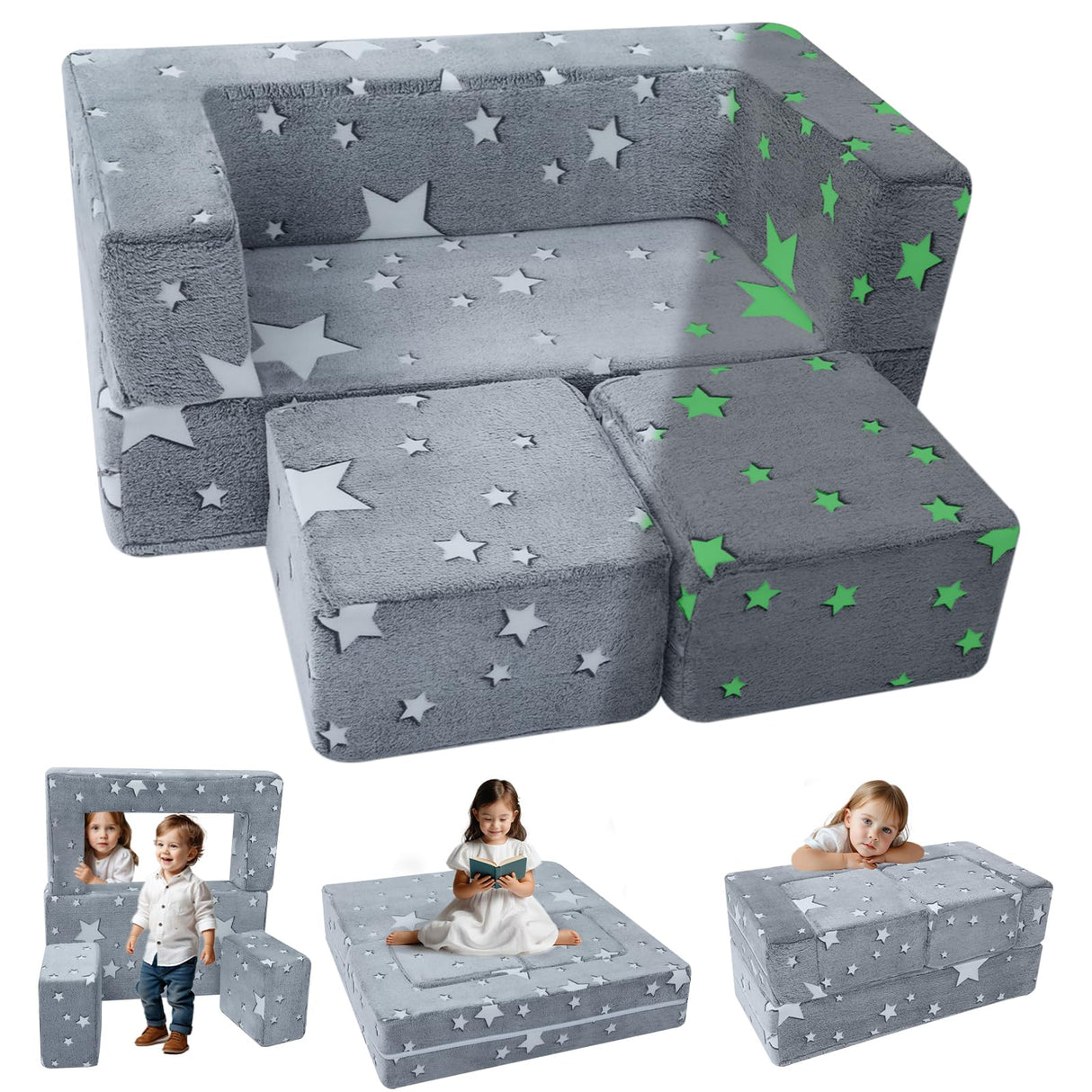 Modular Kids Play Couch Sofa – Glow in The Dark Star Design, Fold-Out Toddler Couch for Playroom Furniture, Grey