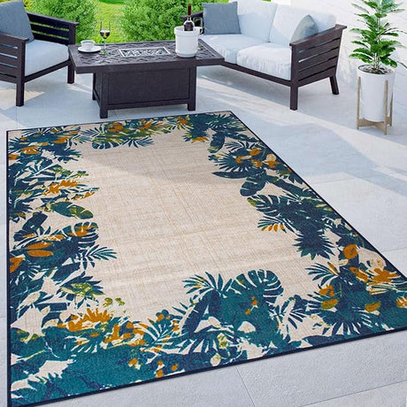 Contemporary Floral Border Non-Shedding Outdoor Rugs for Deck,Patio,