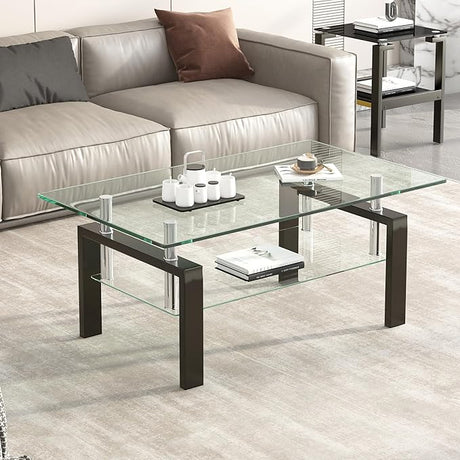 Tempered Glass Coffee Table with Metal Legs Modern Small Coffee Tables for Livingroom