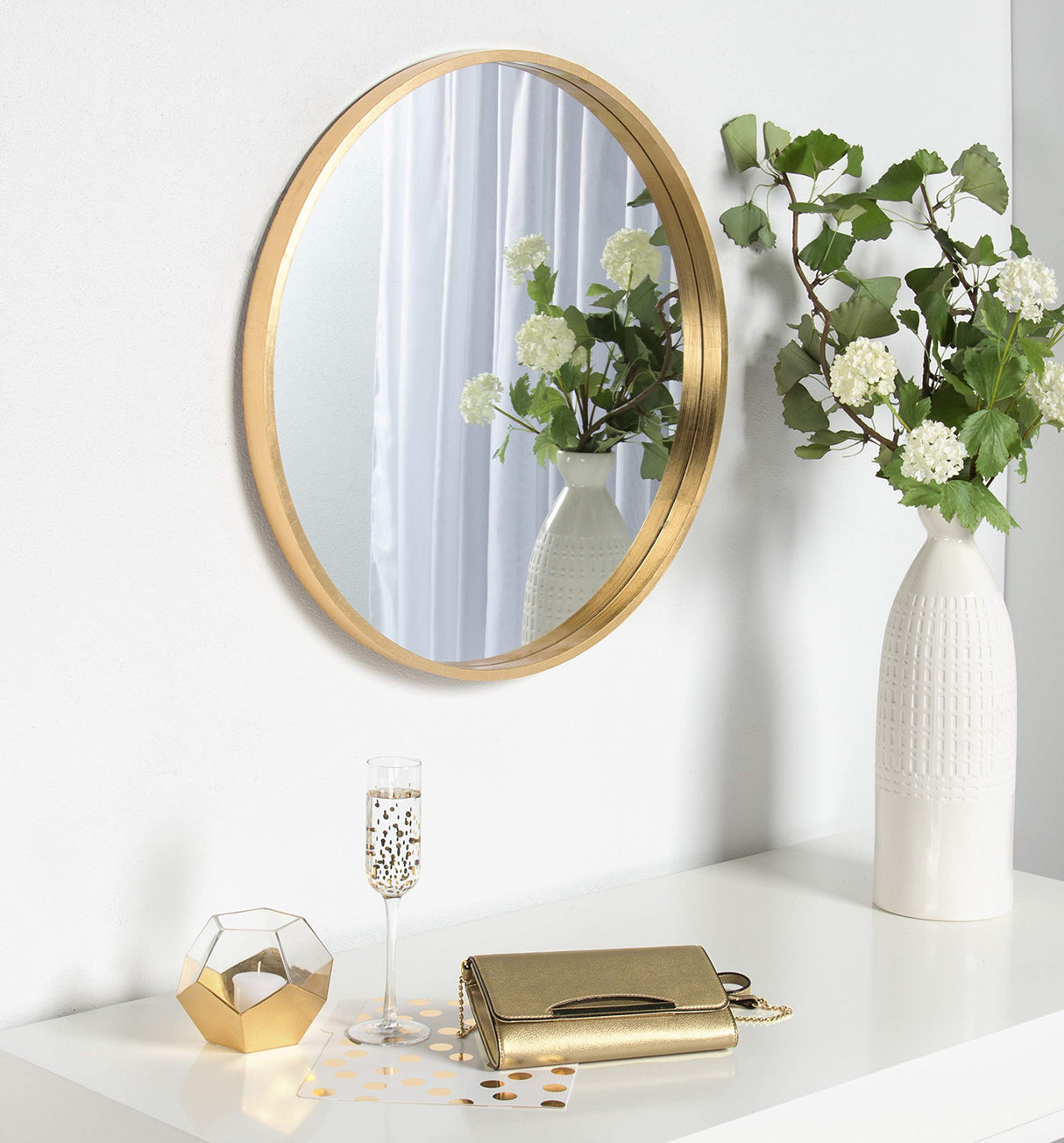 Travis Round Wood Wall Mirror, 25.6" Diameter, Gold, Modern Glam Wall Décor Accent