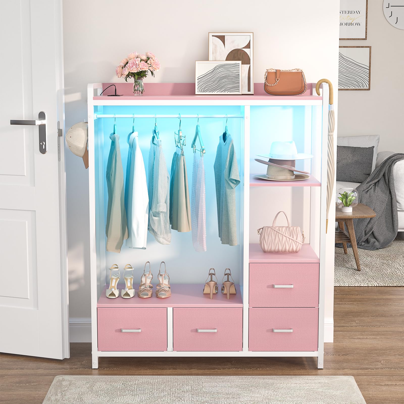 Hanger Rack, 4 Drawers Dresser for Bedroom with Power Outlet and LED Lights, Cute Dresser