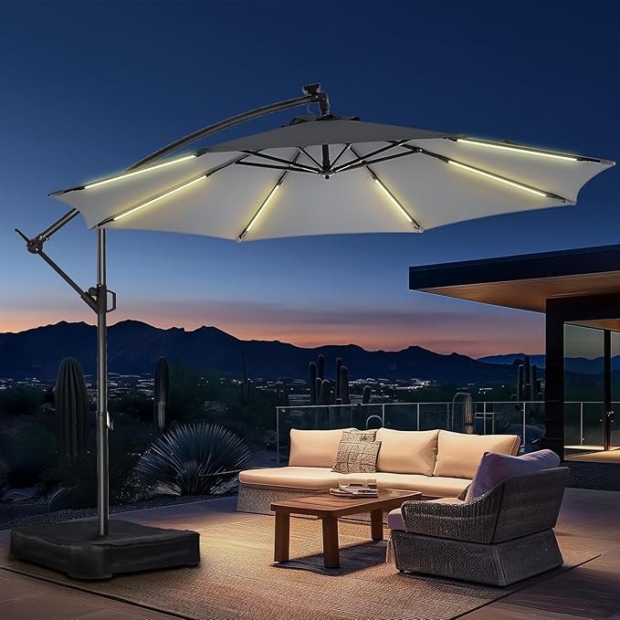 10ft Solar Lights Offset Cantilever Patio Umbrella - with Light and Base, LED Lighted