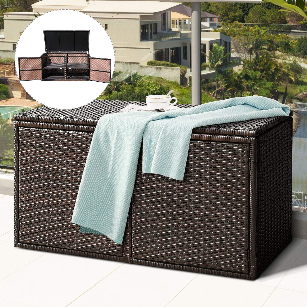 Outdoor Wicker Storage Box, Garden Deck Bin with Steel Frame, Rattan Storage Box