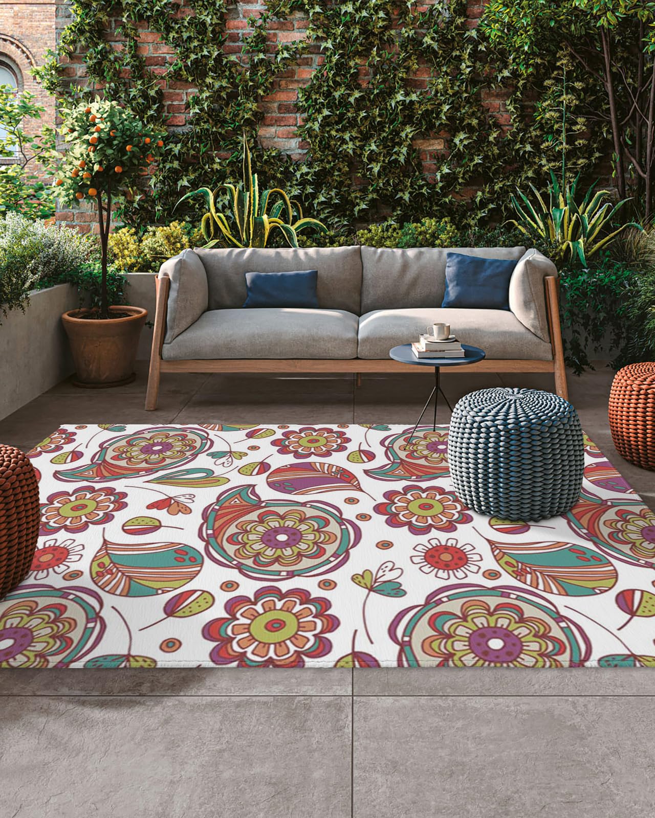 Outdoor Rug 4x6 ft Floral Outdoor Large Area Rug Non Slip Rubber Spring Flower White