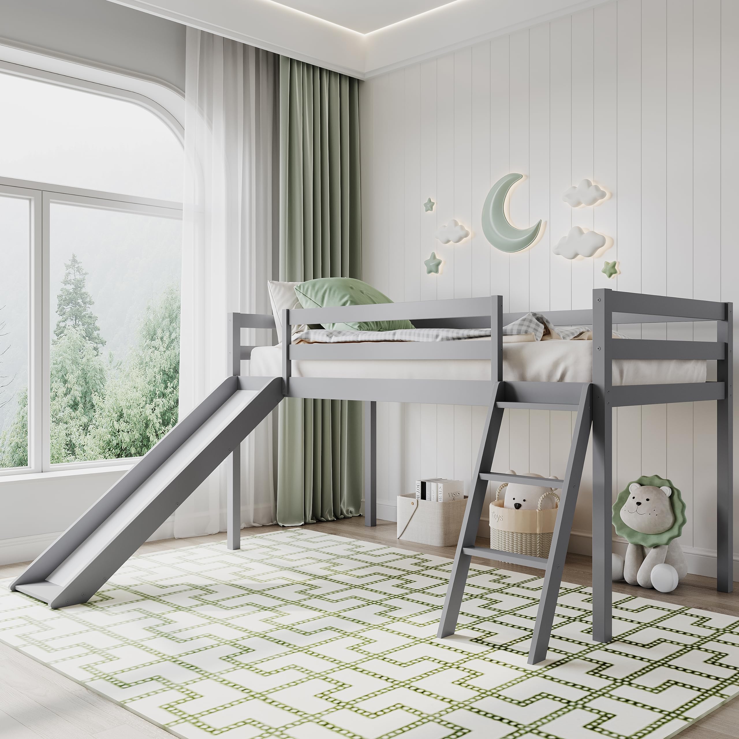 Solid Wood Loft Bed with Slide, Twin Size Wooden Bed Frame
