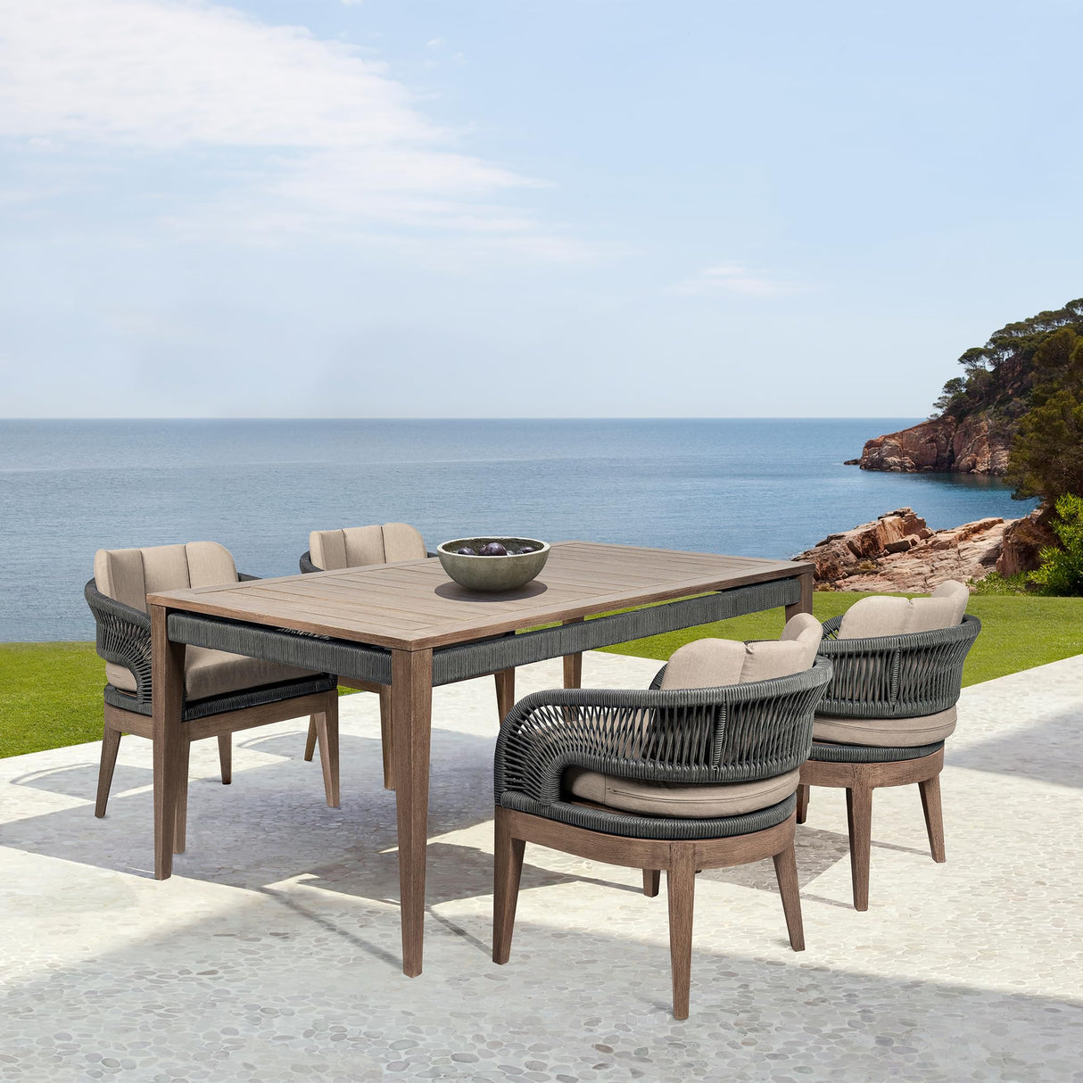 Orbit Modern Outdoor Patio Dining Table, Weathered Dark Gray Eucalyptus